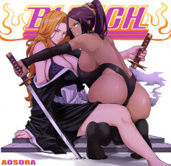 2girls aosora2823 artist_name bare_shoulders black_thighhighs bleach bra breasts chain chain_necklace commission dark-skinned_female dark_skin elbow_gloves gloves hair_ornament highres holding holding_sword holding_weapon japanese_clothes jewelry large_breasts long_hair matsumoto_rangiku mole mole_under_mouth multiple_girls necklace ponytail purple_hair shihakusho shihouin_yoruichi simple_background sword thighhighs underwear weapon white_background yellow_eyes