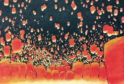 Rule 34 | black background, dark, floating, floating lights, floating object, highres, ibsukionsen, lantern, lantern festival, no humans, original, painting (medium), paper lantern, scenery, sky lantern, too many lanterns, traditional media