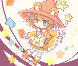1girl bag bear_girl black_eyes blue_thighhighs boots brown_boots brown_hair card emil_chronicle_online hat holding holding_card holding_staff kurosaki_yomi orange_shirt shirt skirt staff standing star_(symbol) striped_clothes striped_thighhighs thighhighs tiny_alma white_skirt witch_hat