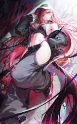 1girl akane_lize alternate_costume bad_id bad_twitter_id bare_shoulders baseball_cap black_choker black_eyes black_jacket black_pants black_shirt breasts choker cleavage commentary_request crop_top ear_piercing hand_on_own_hip hat highleg highres hip_vent jacket korean_commentary large_breasts long_hair long_sleeves looking_at_viewer midriff mole mole_on_breast mole_on_cheek navel ness_(pjw0168) off_shoulder open_fly pants panty_straps parted_lips piercing puffy_long_sleeves puffy_sleeves red_hair see-through_cleavage see-through_clothes shirt shoes sideboob sleeveless sleeveless_shirt solo stellive stomach thighs very_long_hair virtual_youtuber