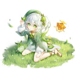 1girl animal blue_butterfly blush bug butterfly dress flower genshin_impact grass green_eyes hair_between_eyes hair_ornament hat highres insect long_hair long_sleeves looking_at_viewer mibai_yume nahida_(genshin_impact) on_grass on_ground side_ponytail sitting solo wariza white_dress white_hair