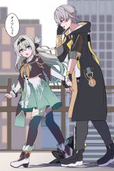 1boy 1girl aqua_dress aqua_ribbon aqua_skirt aqua_thighhighs black_gloves black_hairband black_jacket building caelus_(honkai:_star_rail) city collared_dress cropped_jacket dress eugeo_032 fence fingerless_gloves firefly_(honkai:_star_rail) frilled_sleeves frills gloves grey_hair hair_between_eyes hair_intakes hair_ornament hair_ribbon hairband hand_grab highres honkai:_star_rail honkai_(series) jacket long_sleeves neckerchief orange_neckerchief ribbon skirt speech_bubble thighhighs trailblazer_(honkai:_star_rail) white_sleeves