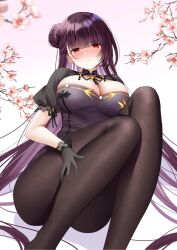 1girl black_gloves black_pantyhose blunt_bangs blush branch breasts cherry_blossoms china_dress chinese_clothes cleavage cleavage_cutout clothing_cutout commentary dress girls&#039;_frontline girls&#039;_frontline_2:_exilium gloves gold_trim gradient_background hair_bun hand_on_own_leg highres knees_up lace lace-trimmed_gloves lace_trim large_breasts long_hair looking_at_viewer makiatto_(embroidered_bamboo_blooming_shadows)_(girls&#039;_frontline_2) makiatto_(girls&#039;_frontline_2) official_alternate_costume pantyhose pink_background purple_dress purple_hair red_eyes silveroid single_hair_bun sitting solo very_long_hair wa2000_(girls&#039;_frontline)