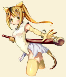 Rule 34 | 10s, 1girl, animal ears, armpits, bangle, bare shoulders, black hair, blonde hair, blush, bracelet, breasts, chinese clothes, circlet, covered navel, cowboy shot, cropped legs, elbow gloves, facing away, female focus, gloves, golden snub-nosed monkey (kemono friends), groin, hair between eyes, high ponytail, holding, holding staff, jewelry, kemono friends, leotard, long hair, looking at viewer, monkey ears, monkey tail, multicolored hair, narita imomushi, ponytail, shiny clothes, showgirl skirt, sidelocks, simple background, small breasts, solo, staff, tail, tareme, taut clothes, taut leotard, thighhighs, turtleneck, two-tone hair, white leotard, yellow background, yellow eyes, yellow gloves, yellow thighhighs, zettai ryouiki