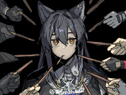 Rule 34 | 1girl, animal ears, arknights, black gloves, black hair, brown eyes, collared shirt, food, food in mouth, gloves, highres, holding, holding food, holding pocky, john wick, long hair, looking at viewer, mutomorokoshi, parody, pocky, pocky in mouth, shirt, solo focus, texas (arknights), texas the omertosa (arknights), twitter username, white shirt, wolf ears, wolf girl
