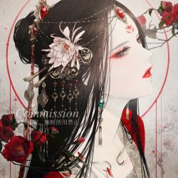 1girl absurdres commission earrings expressionless eyelashes eyeshadow facial_mark fingernails flower forehead_mark green_eyes hair_flower hair_ornament highres jewelry leaf long_hair makeup nail_polish original parted_bangs parted_lips portrait red_eyeshadow red_flower red_lips red_nails red_rose rose satsuki_kei skirt solo white_flower white_skirt