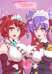 2girls absurdres aikuxa alternate_costume breasts glowing heart highres maid maid_headdress multiple_girls nintendo poppi_(xenoblade) poppi_qt_(xenoblade) purple_hair pyra_(xenoblade) red_eyes red_hair short_hair smile source_request xenoblade_chronicles_(series) xenoblade_chronicles_2