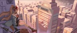 1girl angelina_(arknights) animal_ears arknights bag black_bag black_shirt black_shoes black_shorts black_socks boxesofspace breasts brown_hair building city cityscape coat collar collarbone condenser_unit dangling day earpiece fox_ears fox_girl fox_tail grey_collar hairband helipad high_up highres jacket kneehighs long_hair medium_breasts messenger_bag open_clothes open_coat open_jacket outdoors red_eyes red_hairband red_jacket scenery shirt shoes short_shorts shorts shoulder_bag sitting skyscraper socks solo staff striped_clothes striped_hairband sunset tail twintails two-tone_hairband white_coat
