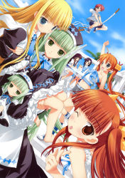 1boy 6+girls :d :p absurdres android anya_cocolova bare_shoulders barefoot bell blonde_hair blue_eyes blush boots breasts brown_eyes casual chachazero cleavage dress evangeline_a.k._mcdowell feet flying frilled_dress frills fujima_takuya glasses green_eyes green_hair hair_bell hair_ornament heterochromia highres kagurazaka_asuna karakuri_chachamaru konoe_konoka long_hair mahou_sensei_negima! maid_headdress medium_breasts midriff multiple_girls negi_springfield official_art one_eye_closed open_mouth orange_hair purple_eyes purple_hair robot_ears sakurazaki_setsuna scan short_hair shorts skirt smile staff toes tongue tongue_out twintails very_long_hair wink