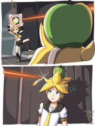 apple apple_on_head aqua_eyes blonde_hair brother_and_sister digiral food fruit headphones highres kagamine_len kagamine_rin laser leg_warmers neckerchief necktie portal_(series) short_hair siblings signature twins vocaloid yellow_neckerchief yellow_necktie