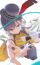 Rule 34 | 1girl, absurdres, armpit crease, bare shoulders, breasts, clenched hand, clothing cutout, club (shape), commentary, diamond (shape), edelied, feathers, foreshortening, full body, gradient feathers, grey hair, grey hat, grey nails, grey thighhighs, hair between eyes, hair ornament, hand on own chest, hat, hat feather, heart, highres, katsuragi izumi, large breasts, legwear garter, link! like! love live!, long hair, looking at viewer, love live!, official alternate costume, orange eyes, reaching, reaching towards viewer, red feathers, shoulder cutout, smile, solo, spade (shape), sunkeun, thighhighs, triangle hair ornament, wolf cut