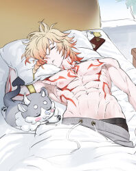 Rule 34 | 1boy, abs, black male underwear, blonde hair, braid, chest tattoo, chimera (honkai: star rail), commentary request, facial tattoo, fiercepenguin 0, gradient hair, hair between eyes, highres, honkai: star rail, honkai (series), korean commentary, lying, male focus, male underwear, male underwear peek, medium hair, multicolored hair, mydei (honkai: star rail), navel, on back, on bed, pants, red hair, red tattoo, saliva, side braid, sleeping, solo, sweatpants, tattoo, topless male, underwear, yellow eyes