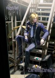 1boy absurdres blonde_hair blue_jacket blue_pants closed_mouth copyright_name full_body green_eyes heterochromia highres hugo_vlad jacket kleinlight male_focus pants ponytail red_eyes sitting solo zenless_zone_zero