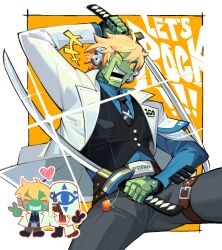 Rule 34 | !, !!, +++, 2boys, absurdres, ahoge, arm up, asymmetrical legwear, belt, belt buckle, black vest, blonde hair, blue eyes, blue shirt, blush stickers, brown belt, buckle, chibi, coat, collared shirt, colored skin, commentary, dark-skinned male, dark skin, dynamic pose, english commentary, english text, green skin, grey pants, grin, guilty gear, hair over one eye, heart, highres, holding, holding sword, holding weapon, katana, lapels, long sleeves, looking at viewer, male focus, multiple boys, notched lapels, one eye covered, open clothes, open coat, pants, patterned hair, red shirt, robo-ky, shirt, shirt tucked in, short hair, smile, sorrysap, standing, sword, thigh belt, thigh strap, v, venom (guilty gear), vest, weapon, white coat, wing collar, yellow eyes