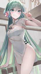Rule 34 | 1girl, aqua eyes, aqua hair, blush, breasts, china dress, chinese clothes, cleavage, commentary, cowboy shot, double bun, dress, dutch angle, fingernails, flower, flower request, green nails, grin, groin, hair between eyes, hair bun, hair flower, hair flowing over, hair ornament, hand on railing, hand up, hatsune miku, highleg, highres, indoors, kurony (sirony), linea alba, long hair, looking at viewer, mandarin collar, medium breasts, nail polish, open mouth, pankou, pelvic curtain, pink flower, railing, see-through clothes, see-through shrug, shaohua hatsune miku, short dress, short sleeves, shrug (clothing), side slit, skin tight, smile, solo, standing, strapless, strapless dress, thighs, turning head, v, very long hair, vocaloid, white dress, white shrug, wooden railing