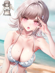 Rule 34 | 1girl, absurdres, arm up, bare arms, bikini, blurry, blurry background, breasts, cleavage, collarbone, commentary, danganronpa (series), danganronpa 2: goodbye despair, grey hair, grey sky, highres, junpaku karen, large breasts, looking at viewer, mole, mole on breast, nanami chiaki, navel, ocean, open mouth, outdoors, pink hair, reference inset, salute, short hair, skindentation, sky, solo, spaceship hair ornament, swimsuit, teeth, upper teeth only, white bikini