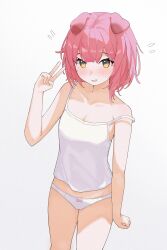 1girl absurdres animal_ears arknights bare_shoulders blush bow bow_panties breasts camisole cat_ears cat_girl cleavage collarbone flying_sweatdrops goldenglow_(arknights) highres looking_at_viewer medium_hair naihe_(user_ufuj8225) open_mouth panties pink_hair pink_panties simple_background solo thighs underwear v white_background white_camisole white_panties yellow_eyes