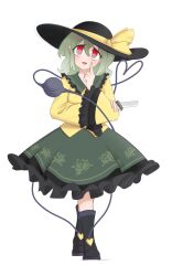 Rule 34 | 1girl, ay606078, black boots, black hat, boots, collared shirt, commentary request, eyeball, floral print, frilled shirt collar, frilled skirt, frilled sleeves, frills, full body, green hair, green skirt, hat, hat ribbon, heart, heart of string, highres, holding, holding knife, knife, komeiji koishi, long sleeves, looking at viewer, open mouth, print skirt, red eyes, ribbon, rose print, shirt, simple background, skirt, smile, solo, third eye, touhou, white background, wide sleeves, yellow ribbon