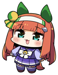 1girl :3 :d animal_ears blunt_bangs blunt_ends blunt_sidelocks blush bow bowtie brown_shoes chibi chibi_only commentary_request full_body green_eyes hairband highres horse_ears horse_girl horse_tail long_hair long_sleeves looking_at_viewer open_mouth orange_hair pleated_skirt plover purple_sailor_collar purple_shirt purple_skirt purple_thighhighs sailor_collar school_uniform shirt shoes sidelocks silence_suzuka_(umamusume) simple_background skirt smile solo standing tail thighhighs tracen_school_uniform umamusume white_background white_bow white_bowtie white_hairband
