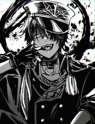 1boy aiguillette collar commentary_request fangs gloves greyscale hair_over_one_eye hand_up hat hound_(rune_factory) jacket komugiko_(komugiu08) looking_at_viewer male_focus monochrome o-ring open_mouth peaked_cap rune_factory rune_factory:_guardians_of_azuma sharp_teeth short_hair smile solo teeth upper_body