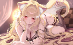 1girl :3 absurdres ahoge animal_ears babydoll black_babydoll black_panties black_thighhighs blonde_hair blush breasts cat_ear_panties cat_ears cat_girl cat_tail cleavage closed_mouth collarbone commission hair_ornament hand_on_own_cheek hand_on_own_face heart heart_ahoge highres indoors kemomimi_refle! large_breasts lingerie long_hair looking_at_viewer midnamana mole mole_under_eye nekoma_karin panties pink_eyes pink_ribbon pixiv_commission ribbon single_thighhigh smile tail tail_ornament tail_ribbon thighhighs thighs underwear virtual_youtuber wing_hair_ornament yellow_tail