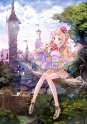 1girl absurdres atelier_(series) atelier_meruru bare_legs blonde_hair blue_eyes boots bow braid breasts brown_hair bush cape castle city cleavage cleavage_cutout clothing_cutout crown day female_focus flag floral_print flower foot_dangle half_updo highres holding holding_flower in_tree kishida_mel lights long_hair long_legs long_sleeves looking_at_viewer medium_breasts merurulince_rede_arls mini_crown miniskirt no_socks official_art outdoors parted_lips pink_hair pleated_skirt red_bow red_crown ribbon sitting sitting_in_tree skirt sky smile solo spire stone_wall tower town tree wall yellow_skirt