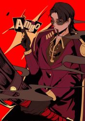 05_soleil 1boy ammunition atmospheric_perspective black_gloves black_hair cigar coat english_text gloves gold_trim hair_slicked_back highres holding holding_sword holding_weapon jacket jacket_on_shoulders limbus_company male_focus meursault_(project_moon) project_moon red_background red_coat red_shirt red_vest shirt smoke smoking solo sunglasses sword thumb_(identity)_(project_moon) torso_twist upper_body vest weapon