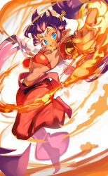 Rule 34 | 1girl, bandeau, blue eyes, bracer, breasts, choker, circlet, commentary, dark-skinned female, dark skin, earrings, fire, harem pants, highres, hoop earrings, jewelry, long hair, medium breasts, momochi momotan, navel, o-ring, o-ring top, open mouth, pants, pointy ears, pointy footwear, ponytail, purple hair, shantae, shantae (series), smile, solo, symbol-only commentary, very long hair