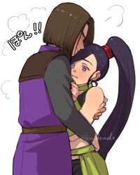 Rule 34 | 1boy, 1girl, arm guards, black shirt, black shorts, black tank top, blush, brown hair, choker, commentary request, cowboy shot, dragon quest, dragon quest xi, green choker, hand on another&#039;s arm, hero (dq11), high ponytail, highres, hug, kimidori (kimidoriri), martina (dq11), medium hair, open mouth, ponytail, profile, purple eyes, purple hair, purple tunic, shirt, shorts, surprised, tank top, tunic, twitter username, white background