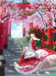 1girl bare_shoulders bow branch brown_eyes brown_hair cherry_blossoms detached_sleeves dinyc female_focus frilled_skirt frills gathers gohei hair_bow hair_tubes hakurei_reimu japanese_clothes long_skirt looking_back miko multiple_torii petals skirt smile solo stairs torii touhou wading water