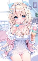 1girl absurdres animal_ears bare_shoulders blonde_hair blue_eyes blush bow breasts choker cleavage collarbone dress eneru_(enepuni) fake_animal_ears food hair_bow hair_ornament hairclip highres holding holding_food holding_ice_cream ice_cream ice_cream_cone indoors jacket jewelry long_hair long_sleeves looking_at_viewer medium_breasts necklace open_clothes open_jacket open_mouth original panties pink_jacket pink_panties rabbit short_dress sitting solo twintails underwear white_dress wings