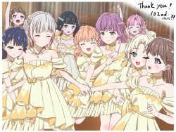 4th_live_dream_~bloom_the_dream_believers~ 6+girls :d ;) ;d ^_^ anyoji_hime arm_up bare_shoulders black_hair blonde_hair blue_eyes blunt_bangs blurry blurry_background blush bob_cut border breasts brown_hair closed_eyes closed_mouth collarbone commentary_request curtained_hair dress english_text fang flipped_hair flower flower-shaped_hair frilled_dress frills fujishima_megumi green_eyes hair_bun hair_flower hair_intakes hair_ornament hair_rings highres hinoshita_kaho hug hug_from_behind itsudemo_itsumademo_(love_live!) kachimachi_kosuzu layered_dress leg_up link!_like!_love_live! long_hair looking_at_another love_live! low-tied_hair_ring medium_breasts medium_hair momose_ginko multiple_girls murano_sayaka myrain56991013 off-shoulder_dress off_shoulder official_alternate_costume official_alternate_hairstyle one_eye_closed open_mouth orange_hair osawa_rurino otomune_kozue pink_eyes pink_hair pleated_dress puffy_short_sleeves puffy_sleeves purple_eyes purple_hair short_dress short_sleeves sidelocks single_hair_bun smile split_mouth virtual_graduation_commemoration virtual_youtuber white_border yellow_dress yellow_flower yugiri_tsuzuri