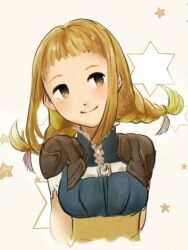 1girl blonde_hair braid breasts brown_eyes closed_mouth final_fantasy final_fantasy_xii highres long_hair looking_at_viewer penelo smile solo star_(symbol) twin_braids twintails white_background yowa_(tsukuyomi)