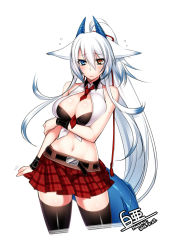 Rule 34 | 1girl, animal ears, artist name, bare shoulders, belt, between breasts, black bra, black thighhighs, blue eyes, blush, bra, breast hold, breasts, center opening, cleavage, commentary request, cowboy shot, crossed arms, dated, dragon horns, dragon tail, embarrassed, female focus, flying sweatdrops, fox ears, hair between eyes, heterochromia, horns, konshin, large breasts, legs apart, long hair, looking at viewer, navel, necktie, necktie between breasts, orange eyes, orie hakua, pixiv fantasia, pixiv fantasia new world, plaid clothes, plaid skirt, pleated skirt, ponytail, red necktie, signature, silver hair, simple background, skirt, solo, standing, stomach, tail, tears, thighhighs, underwear, very long hair, white background, wristband, zettai ryouiki