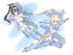 2girls absurdres asura_archer asura_ninja black_hair blonde_hair breasts brown_eyes brown_hair gloves hair_between_eyes highres leotard long_hair mask mecha_musume medium_breasts megami_device mouth_mask multiple_girls navel ponytail ryuseiryui twintails variant_set white_gloves