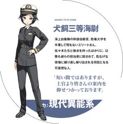 1girl :o black_hair brown_eyes character_name character_profile formal_clothes full_body hand_on_own_hip hat inukai_(sasaki_to_p-chan) kantoku long_sleeves looking_at_viewer necktie open_mouth sasaki_to_p-chan short_hair simple_background solo standing suit tachi-e transparent_background tsurime
