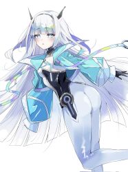 1girl ass bare_shoulders black_bodysuit black_gloves blue_eyes blue_jacket bodysuit eudie_(shadowverse) gaohuang43450 gloves hairband highres jacket long_hair long_sleeves looking_at_viewer shadowverse shadowverse:_worlds_beyond simple_background solo two-tone_bodysuit very_long_hair white_background white_bodysuit white_hair