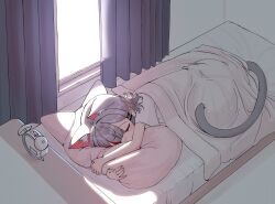 1girl alarm_clock animal_ears bed cat_ears cat_girl cat_tail clock closed_eyes curtains extra_ears grey_hair highres hugging_object indoors lying multicolored_hair neneko_mashiro on_bed on_side pillow pillow_hug red_hair shirt short_hair short_sleeves sleeping sseonyu stellive streaked_hair sunlight tail under_covers virtual_youtuber white_shirt window