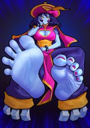 1girl barefoot black_hair blue_skin breasts cleavage cleavage_cutout clothing_cutout colored_skin darkstalkers feet hand_on_own_cheek hand_on_own_face highres hsien-ko jiangshi long_hair looking_at_viewer puffypinkpaws soles toes yellow_eyes