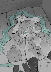 1girl absurdres aqua_eyes aqua_hair banknote bare_shoulders bed bed_sheet bikini black_sleeves blue_eyes blue_hair blush breasts convenient_censoring covering_own_eyes grey_shirt hair_between_eyes hair_ornament hatsune_miku highres hotel_room huge_breasts implied_prostitution limited_palette long_hair lying money navel on_back on_bed open_mouth pillow prostitution sashizume_soutarou shirt solo spread_legs striped_bikini striped_clothes swimsuit twintails very_long_hair vocaloid