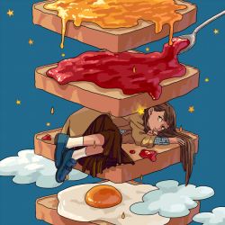 1girl bread bread_slice egg egg_(food) female_focus food fried_egg fried_egg_on_toast hanacocco jam lying on_side original sauce solo spoon surreal toast what