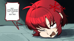 1girl anger_vein disembodied_head fang gomulgong headless highres original red_eyes short_hair solo v-shaped_eyebrows