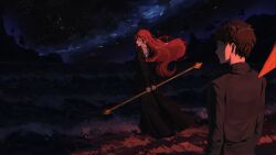 1boy 1girl absurdres arms_behind_back black_dress black_shirt brown_hair dress eyepatch floating floating_hair highres holding holding_staff hwa_ryun kapxapius long_hair looking_at_another looking_back night night_sky original red_eyes red_hair shirt short_hair sky staff star_(sky) starry_sky tower_of_god twenty-fifth_bam