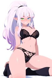 1girl :d archapxl arms_behind_back black_bra black_socks blue_eyes blunt_bangs blush bow bow_panties bra breasts cleavage collarbone fluffy_hair full_body gradient_hair green_eyes hair_over_shoulder heterochromia high_ponytail highres kneeling large_breasts long_hair looking_at_viewer multicolored_hair navel open_mouth original panties pixel_art pointy_ears ponytail seductive_smile shiny_skin smile socks solo stomach sweat thick_thighs thighs underwear white_hair