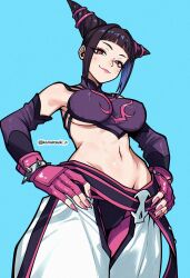 Rule 34 | 1girl, absurdres, black hair, blunt bangs, bracelet, breasts, fingerless gloves, from below, gloves, hair horns, halterneck, han juri, hands on own hips, highres, jewelry, komatsuki n, looking at viewer, midriff, navel, pants, smile, solo, spiked bracelet, spikes, street fighter, street fighter iv (series), underboob
