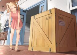 Rule 34 | 1girl, blonde hair, box, commission, dress, epicary radz, highres, medium hair, miran (epicary radz), open door, original, outdoors, pink dress, pixiv commission, plant, porch, potted plant, red eyes, sandals, twintails, variant set