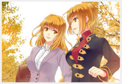 2girls autumn ever_17 jacket long_hair mother_and_daughter multiple_girls orange_eyes orange_hair short_hair smile sweater takigawa_yuu tanaka_yubiseiakikana tanaka_yubiseiharukana turtleneck turtleneck_sweater