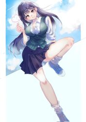 1girl black_hair black_skirt blush boku_no_kokoro_no_yabai_yatsu breasts brown_eyes cleavage clenched_teeth cocoa_(i3wp6cg4v5kvutt) collarbone collared_shirt commentary_request finger_heart full_body green_sweater_vest heart highres long_hair looking_at_viewer loose_socks miniskirt pleated_skirt shirt shoes skirt sky sleeves_rolled_up smile socks solo standing standing_on_one_leg sweater_vest teeth thighs white_shirt white_socks yamada_anna