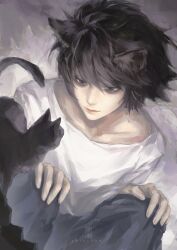 1boy absurdres animal animal_ears bag bags_under_eyes black_cat black_eyes black_hair cat cat_boy cat_ears closed_mouth collarbone death_note ericathw grey_background hair_between_eyes hands_on_own_knees hashtag-only_commentary highres kemonomimi_mode l_(death_note) looking_at_animal male_focus messy_hair pants shirt short_hair sitting solo squatting under white_shirt