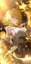 1girl aglaea_(honkai:_star_rail) ancient_greek_clothes apple blonde_hair breasts commentary dress food fruit golden_apple greco-roman_clothes green_eyes highres holding holding_food holding_fruit honkai:_star_rail honkai_(series) large_breasts laurel_crown looking_at_viewer short_hair smile solo thread white_dress woodsage88 yellow_nails